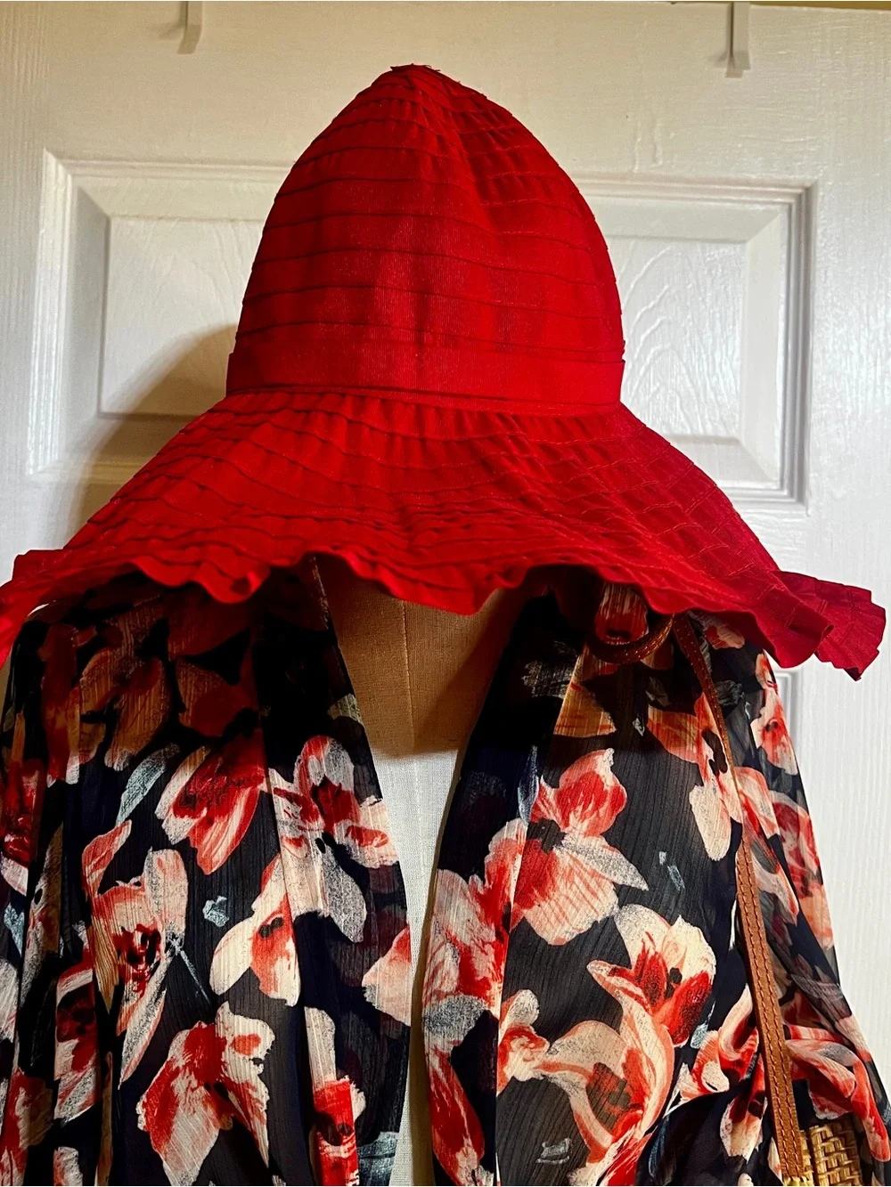 Vintage‎ 90s Papillion Wms Red Ruffle Boho Cottagecore Retro Glam Sun Hat